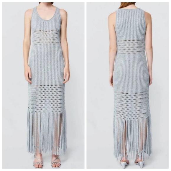 NEW SIMKHAI Jocelyn Open-Stitch Fringe Metallic Silver Midi Dress NWT Medium - Picture 6 of 12
